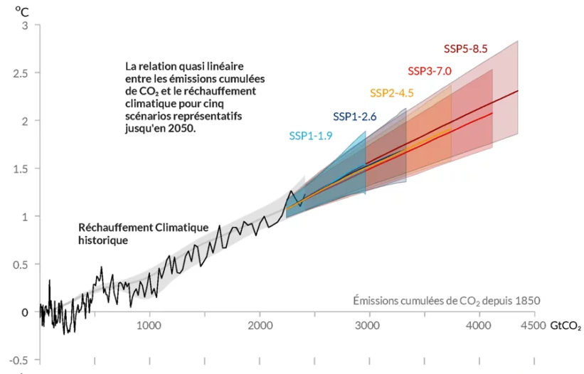 Représentation de la relation quasi linéaire entre les émissions cumulées de CO2 et le réchauffement climatique