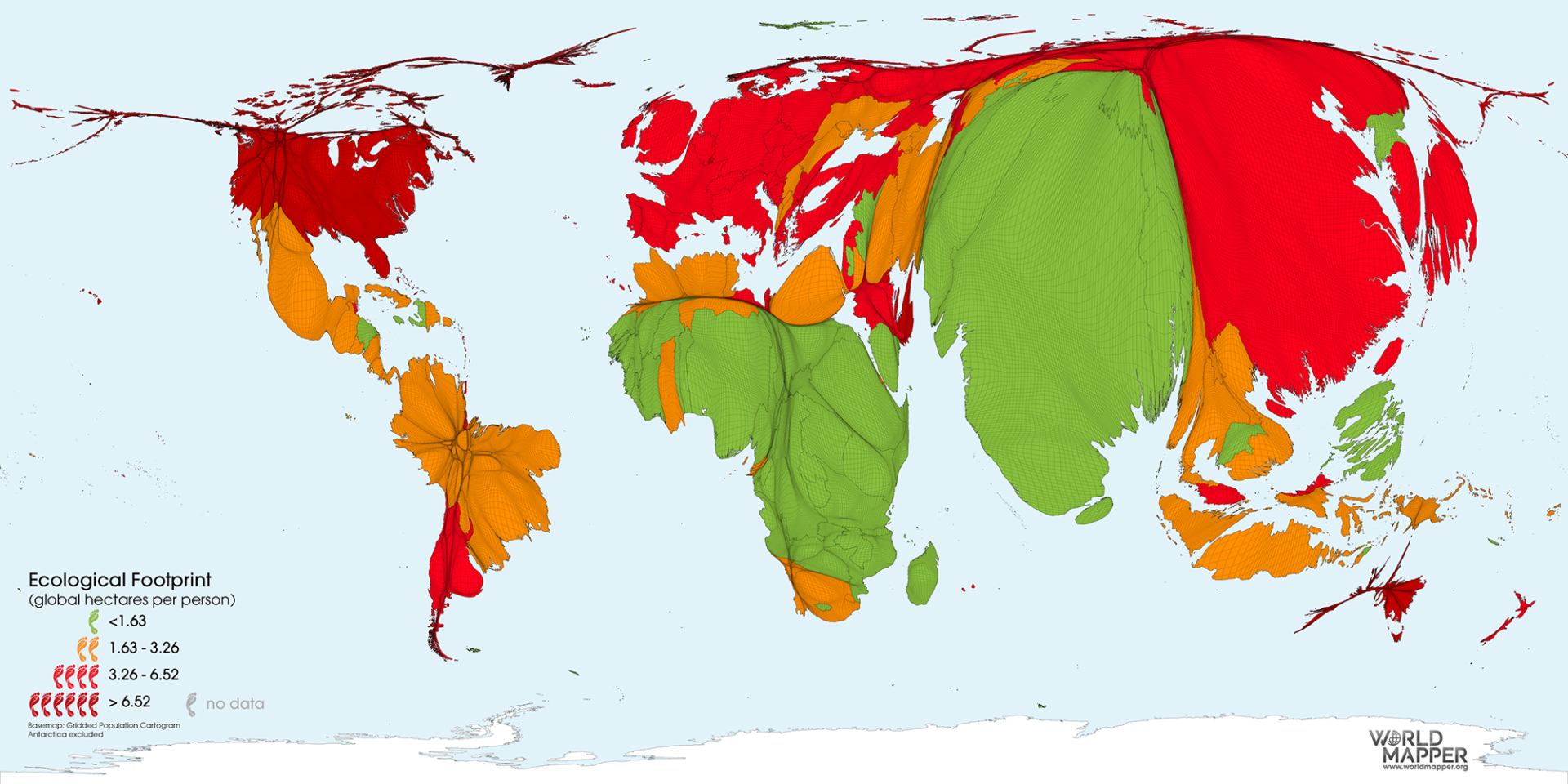 Atlas montrant l'empreinte écologique et le nombre d'habitants par pays