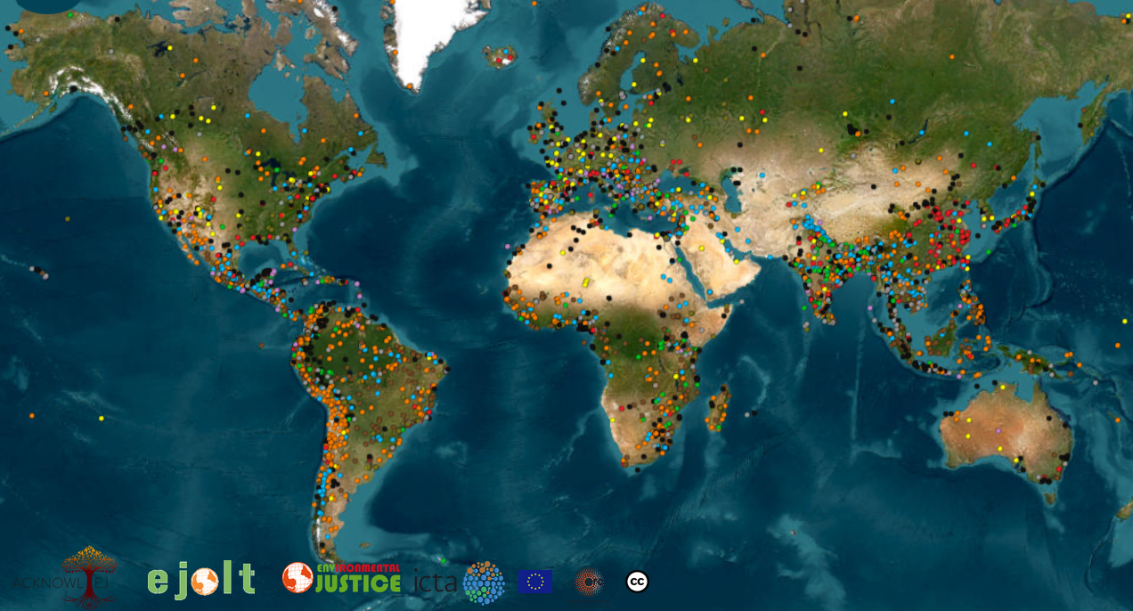 Atlas mondial présentant avec des points colorés les différents types de conflits et luttes pour la justice environnementale