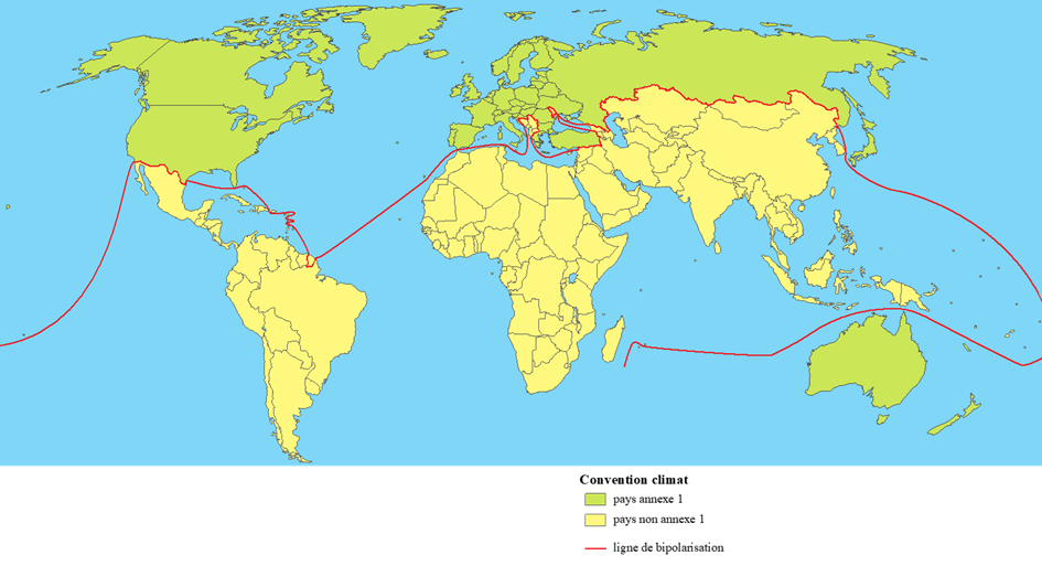 Carte mondiale représentant le clivage Nord-Sud d'après la convention climat et le protocole de Kyoto