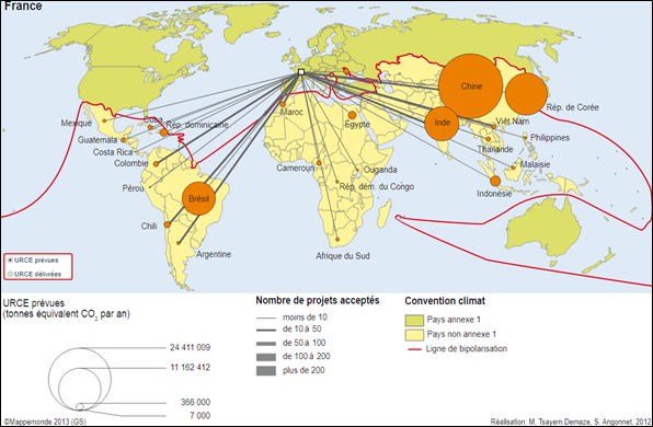 Carte montrant les liens de la France avec les pays émergents dans le cadre des projets MDP
