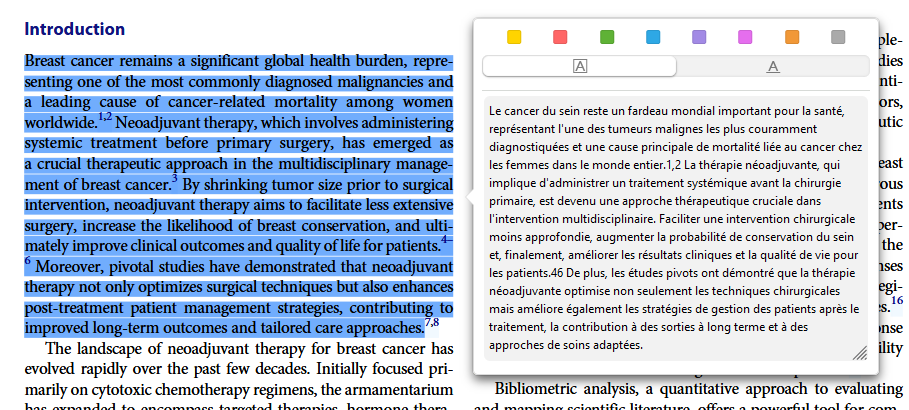 Capture d'écran de Zotero, un PDF ouvert, du texte sélectionné et la fenêtre de traduction ouverte à droite.